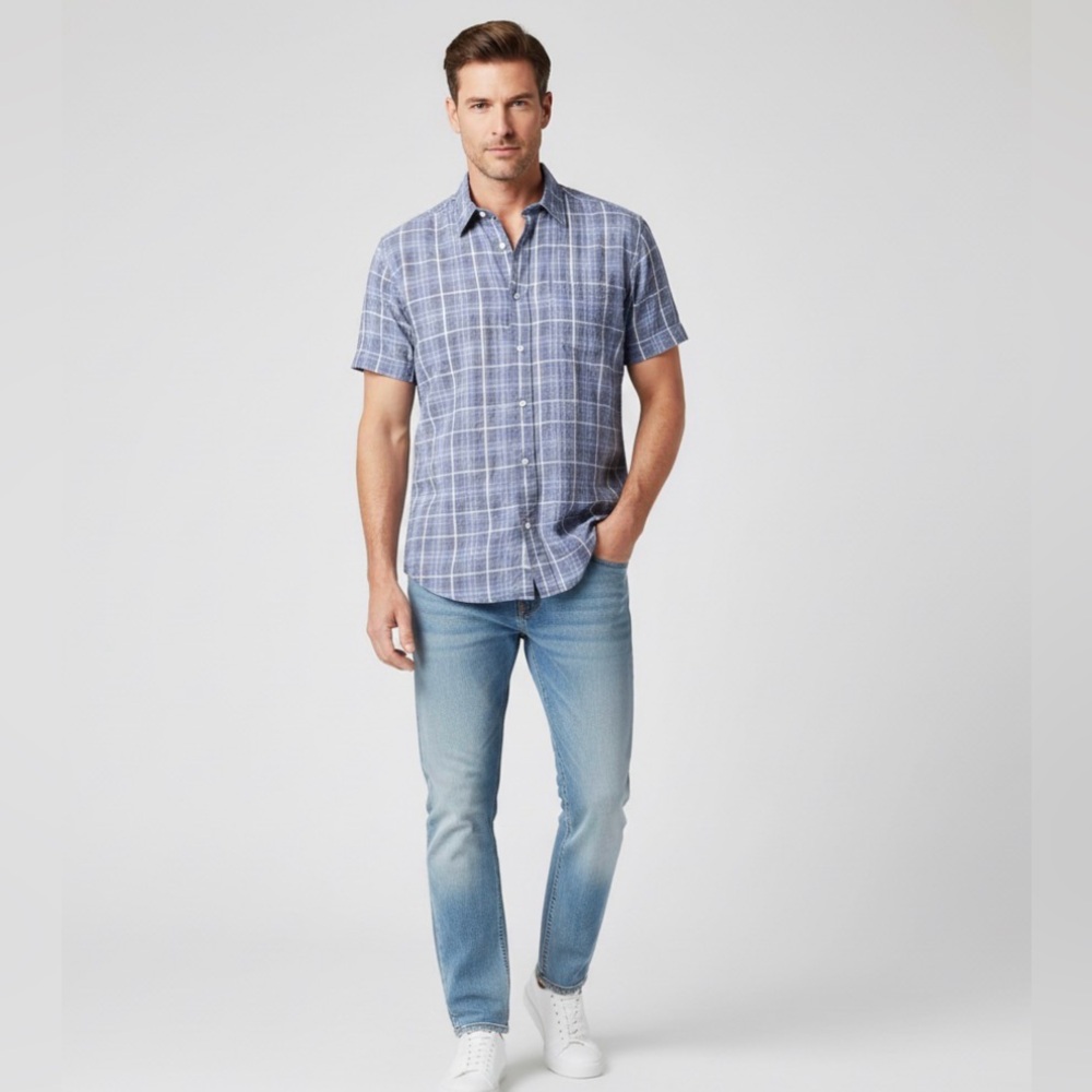 Covington Blue Plaid Short Sleeve Button Down Seersucker Shirt | Men’s Large